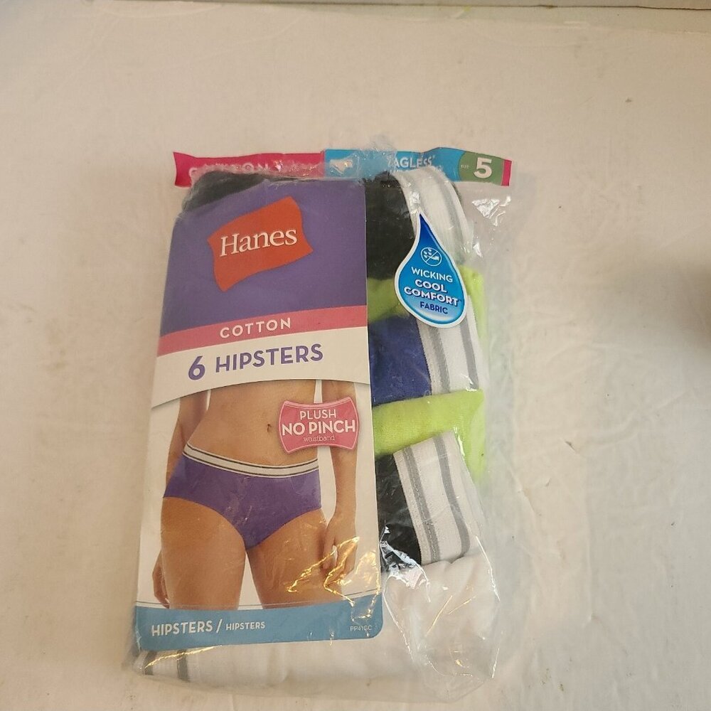 HANES Women's 6 PK HIPSTER COTTON NO RIDE UP WICKING Tagless Panties Sz 5 Open